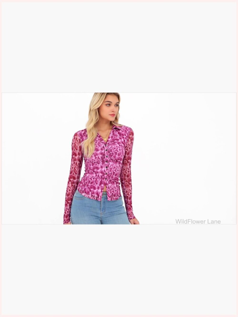 Women's Button Down Floral Mesh Blouse V Neck Long Sleeve Boho Top - Picture 7 of 7